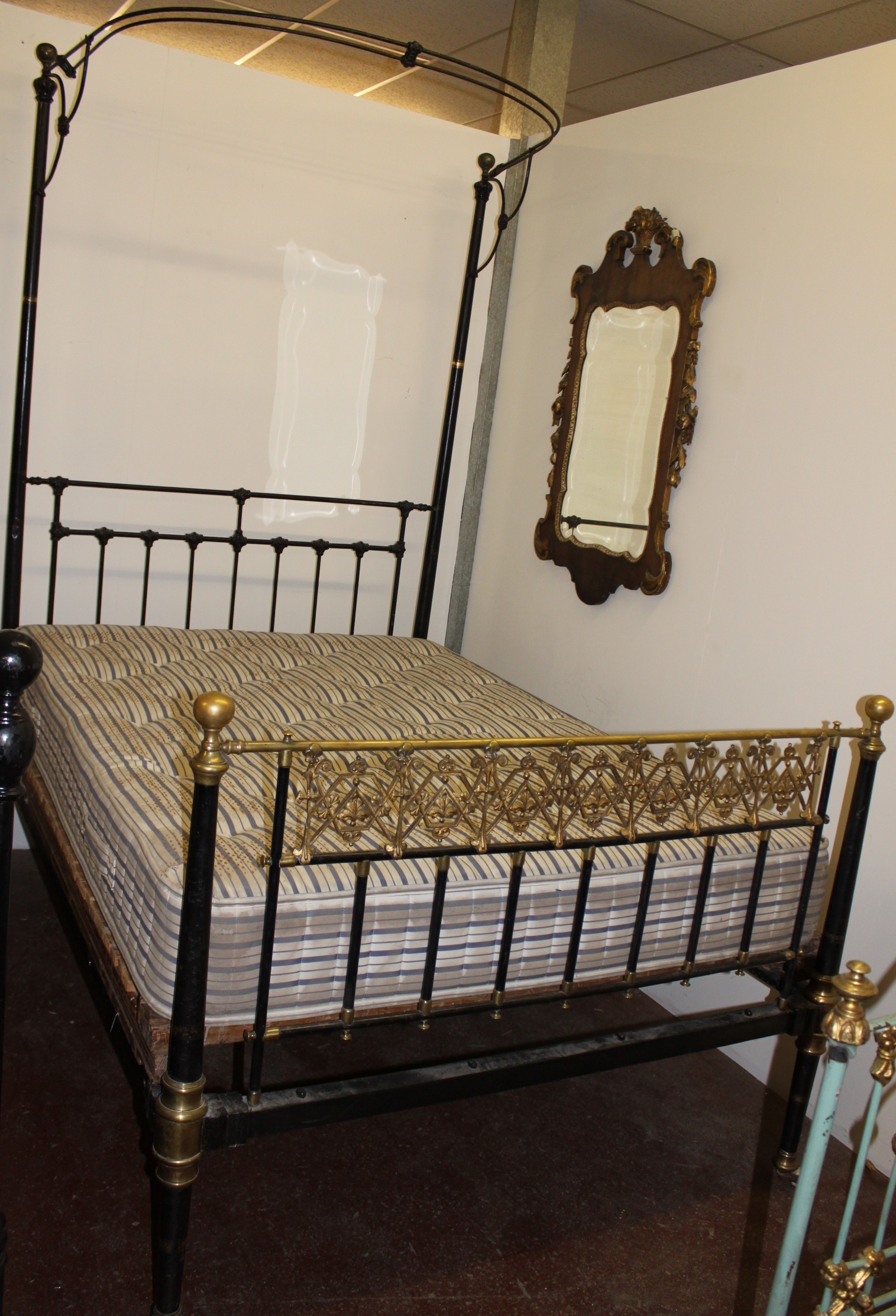 DECORATED WROUGHT IRON VICTORIAN HALF TESTER BED COMPLETE